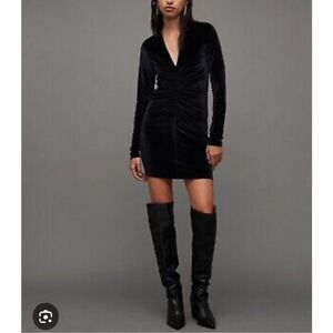All Saints Anaya Black Long Sleeve Velvet Ruched Bodycon Party Dress Size 6
